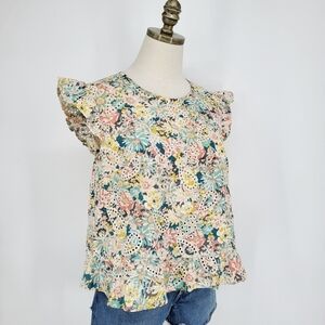 Solitaire Floral Print Eyelet Lace Blouse Ruffle Cap Sleeve Boho Top Medium